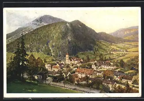 Künstler-AK Gaming /N.-Oe., Teilansicht mit Bergblick