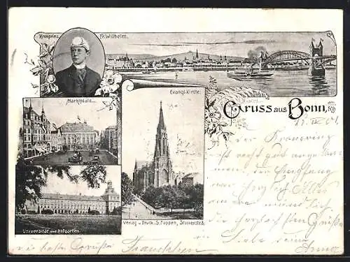 AK Bonn am Rh., Ortsansicht mit Dampfer, Universität und Hofgarten, Kronprinz Fr. Wilhelm