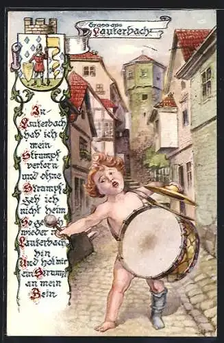 Künstler-AK Lauterbach / Württ., In Lauterbach hab ich mein Strumpf..., nackter Knabe mit Trommel, Wappen
