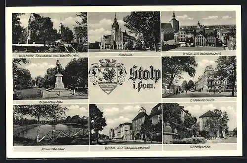 AK Stolp, Bismarckplatz, Rathaus, Markt, Schlossgarten