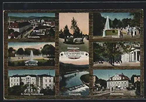AK Bad Warmbrunn i. Riesengebirge, Ziethenschloss, Schlossplatz mit Strassenbahn, Am Kurhaus