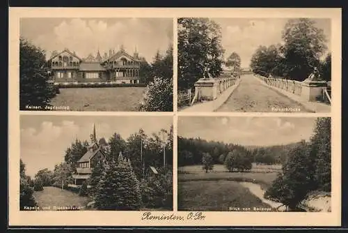 AK Rominten /O.-Pr., Kaiserl. Jagdschloss, Kaiserbrücke, Blick von Bellevue, Kapelle und Glockenturm