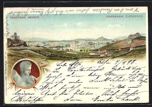 Lithographie Athen, Ortsansicht aus der Vogelschau