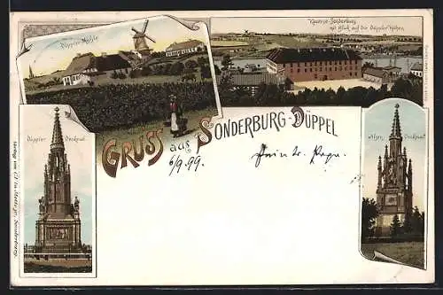 Lithographie Sonderburg-Düppel, Alsen-Denkmal, Mühle, Kaserne
