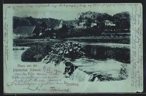 Mondschein-AK Streitberg /Fränkische Schweiz, Uferpartie mit Kirche und Wasserfall
