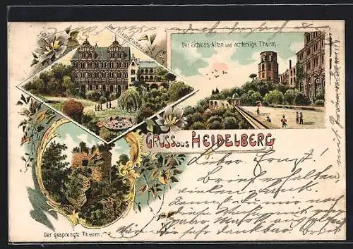 Lithographie Heidelberg, Friedrichsbau, Schloss-Altan und achteckiger Turm, Der gesprengte Turm