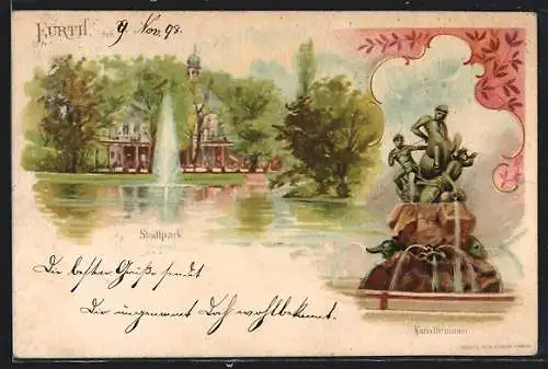 Lithographie Fürth, Fontäne in Stadtpark, Kunstbrunnen