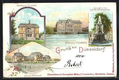 Lithographie Düsseldorf, Städtische Kunsthalle, Provinzial-Ständehaus, Haupt-Bahnhof