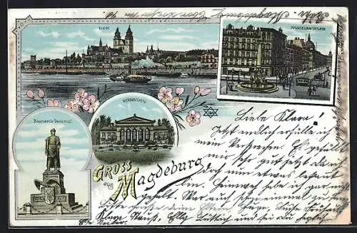 Lithographie Magdeburg, Dom, Herrenkrug, Bismarck-Denkal