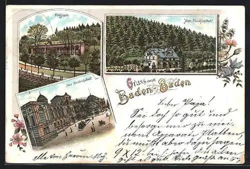 Lithographie Baden-Baden, Trinkhalle, Friedrichsbad, Fischcultur