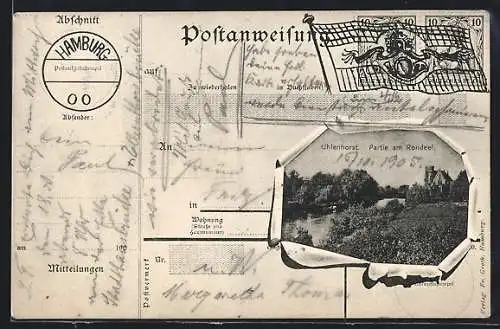 AK Hamburg-Uhlenhorst, Partie am Rondeel durch zerrissene Postanweisung