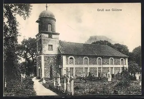 AK Gülzow / Lbg., Kirche mit Friedhof