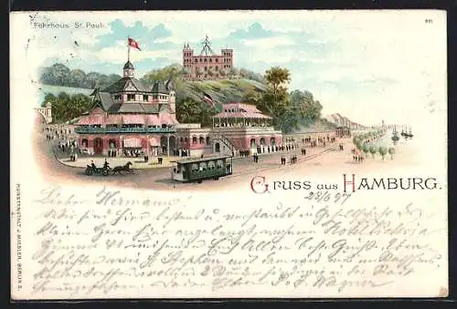Lithographie Hamburg-St. Pauli, Fährhaus St. Pauli mit passierender Strassenbahn