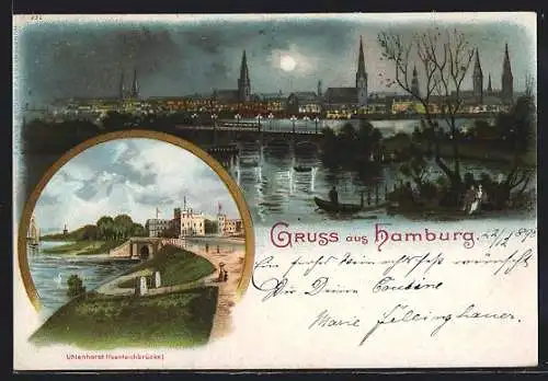 Lithographie Hamburg, Feenteichbrücke in Uhlenhorst, Totalansicht