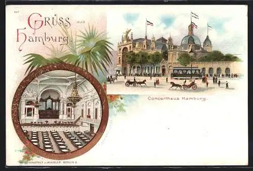 Lithographie Hamburg-St. Pauli, Konzerthaus Hamburg, Innenansicht Konzert-Saal