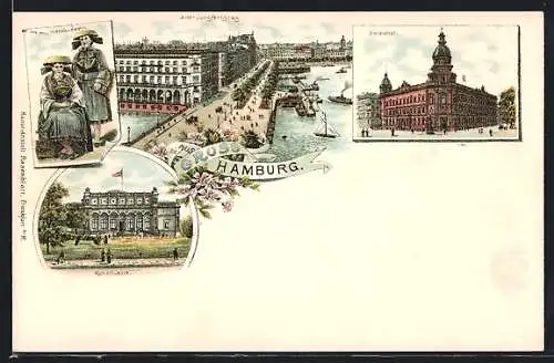 Lithographie Hamburg, Hauptpost, Kunsthalle, Alter Jungfernstieg