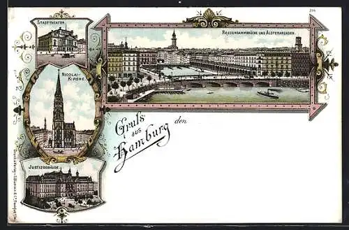 Lithographie Hamburg-Neustadt, Reesendammbrücke und die Alsterarkaden, Nicolaikirche, Stadttheater