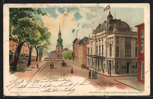Lithographie Hamburg-St. Georg, Strassenpartie am Deutschen Schauspielhaus