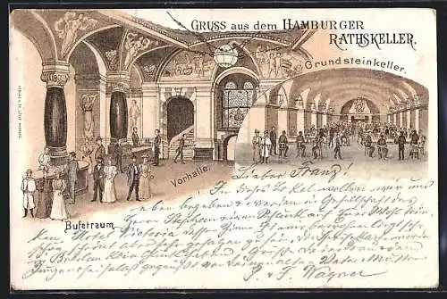 Lithographie Hamburg, Gasthaus Hamburger Ratskeller, Innenansichten Buffetraum und Vorhalle & Grundsteinkeller
