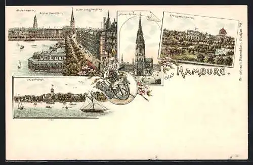 Lithographie Hamburg-Neustadt, Restaurant Alsterpavillon mit alter Jungfernstieg, Uhlenhorst, Zoologischer Garten