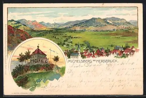 Lithographie Michelsberg / Hersbruck, Teilansicht, Ortspartie