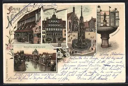 Lithographie Nürnberg, schöner Brunnen, Gänsemännchen, Peller Haus, Bratwurstglöcklein