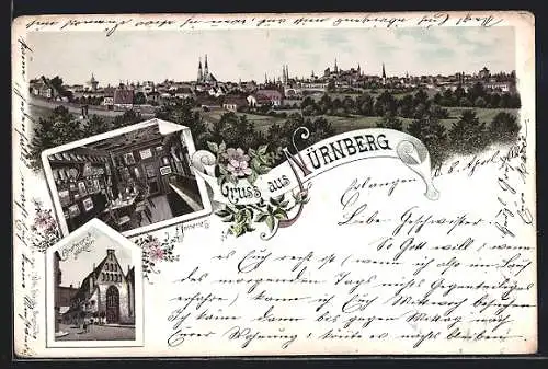 Lithographie Nürnberg, Ortsansicht aus der Vogelschau, Gasthaus Bratwurstglöcklein - Gebäude, Innenansicht