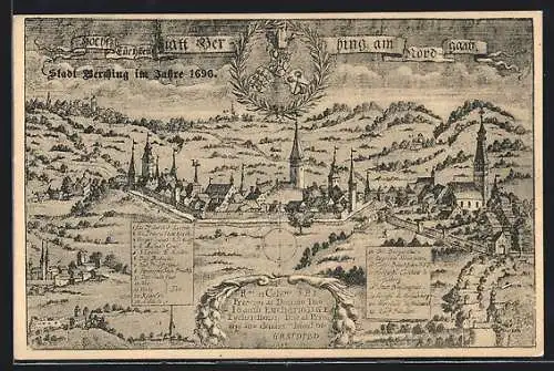 Künstler-AK Berching, Teilansicht mit Rathaus, Probsthaus und Bürger-Spital im Jahre 1696