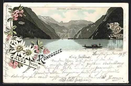 Lithographie Königssee / Berchtesgaden, Panorama vom Malerwinkel aus, Blumenmotiv