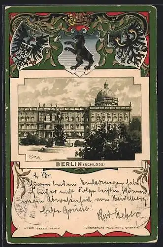 Passepartout-Lithographie Berlin, Denkmal vor dem Schloss, Stadtwappen