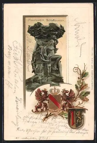 Passepartout-Lithographie Mannheim, Am Schlossbrunnen, Stadtwappen