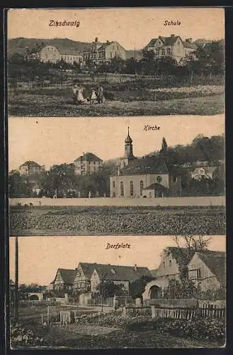 AK Zitzschewig, Dorfplatz, Schule, Kirche