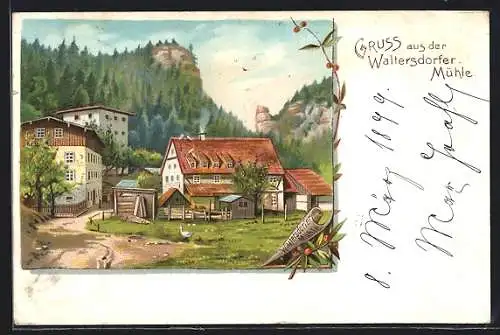 Lithographie Hohnstein / Sächs. Schweiz, Blick zum Gasthaus Waltersdorfer Mühle