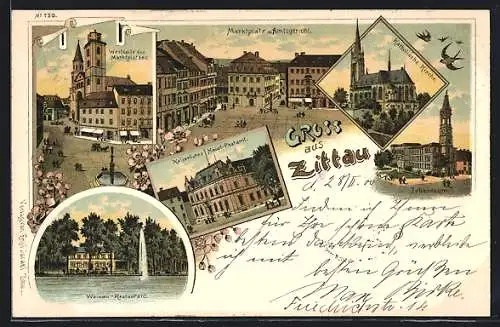 Lithographie Zittau, Weinau-Restaurant, Hauptpostamt, Marktplatz mit Amtsgericht und Johanneum