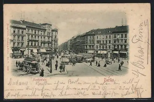 AK Berlin-Kreuzberg, Belebter Moritzplatz mit Pferdebahn