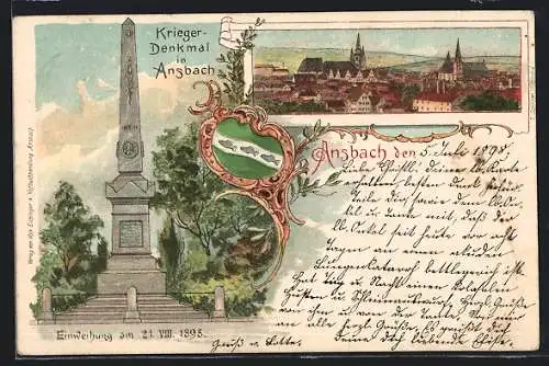 Lithographie Ansbach / Mfr., Kriegerdenkmal, Totalansicht