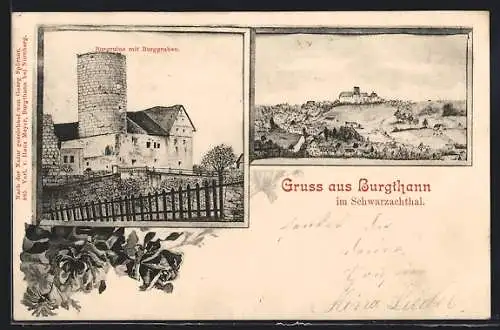 Künstler-AK Burgthann, Burgruine mit Burggraben, Ortsansicht, Schwarzachtal