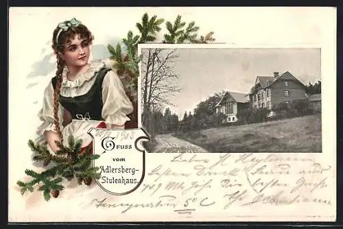 Passepartout-Lithographie Vesser, Adlersberg-Stutenhaus und Maid