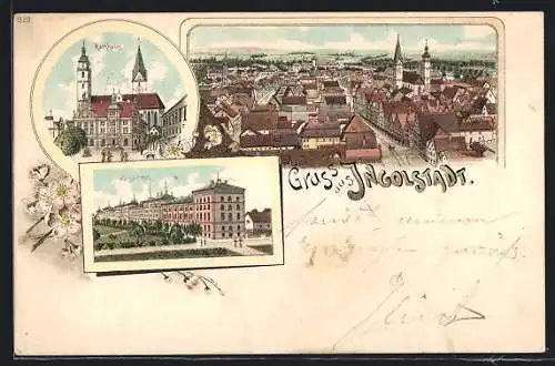 Lithographie Ingolstadt, Rathaus, Kaserne, Stadtpartie