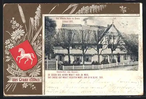 AK Hamburg-Cranz, ältestes Haus im Ort, Wappen, Biene