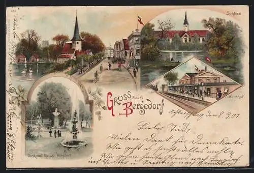 Lithographie Hamburg-Bergedorf, Bahnhof, Pension R. Sievers, Schloss