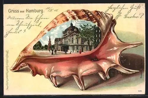 Passepartout-Lithographie Hamburg-St.Georg, Muschel mit Deutschem Schauspielhaus