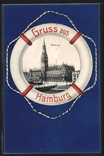 AK Hamburg, Rathaus, Abbildung in einem Rettungsring