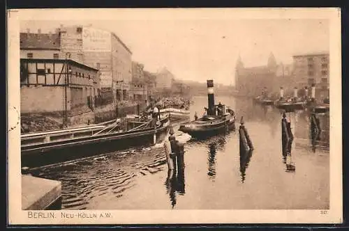 AK Berlin-Neukölln, Dampfer auf dem Wasser