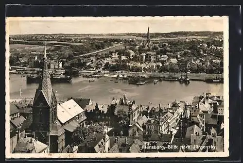 AK Flensburg, Blick nach Jürgensby mit Hafen und Schiffen