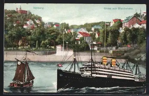 AK Hamburg-Blankenese, Ortsansicht Süllberg, Dampfer, Segelboot