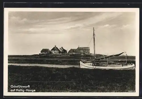 AK Hallig-Hooge, Ockelützwarf mit Segelboot