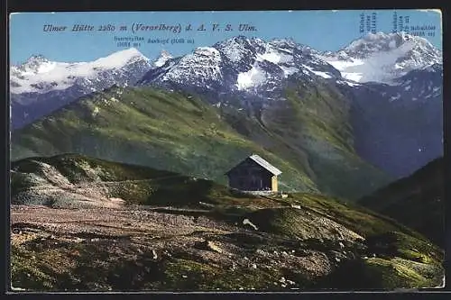 AK Ulmer Hütte, Berghütte mit Saumspitze und Seekopf