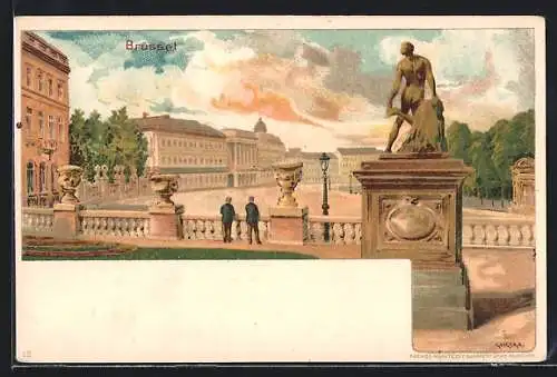 Lithographie Brüssel / Bruxelles, Grosser Platz mit Statue