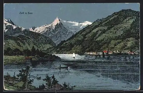 Künstler-AK Eugen Felle: Zell a. See, Teilansicht mit Booten
